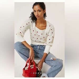 Anthropologie White Sweater with Red Strawberries